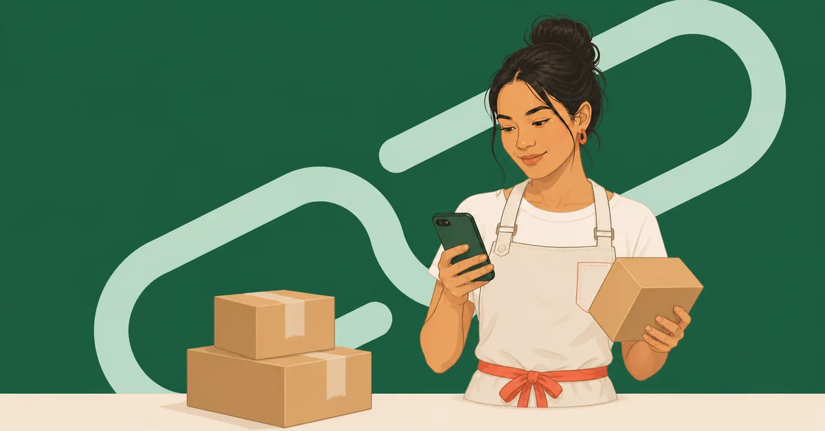 A small-business owner checking a branded link while preparing a customer order